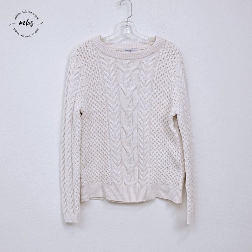 Nili Lotan Wool Blend Crew‎ Neck Cable Knit Sweater Cream Women M